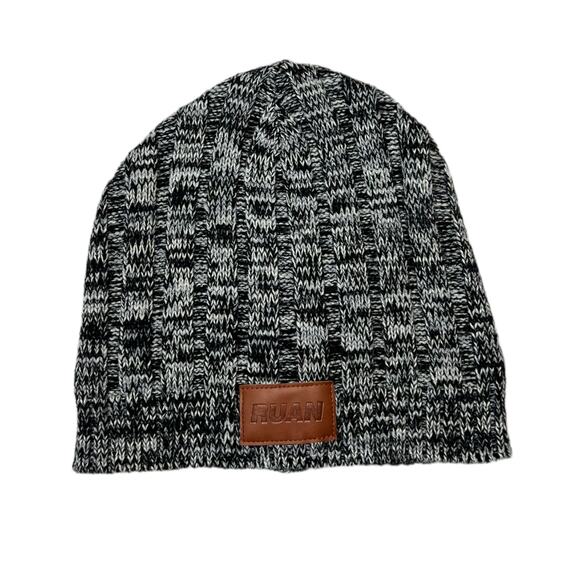 Gray knit beanie with leather patch on front - Picture 1 of 4